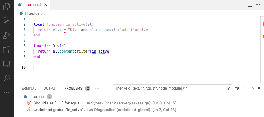Screenshot of Lua file open in VS Code with diagnostic errors shown in Problems pane below the code editor.