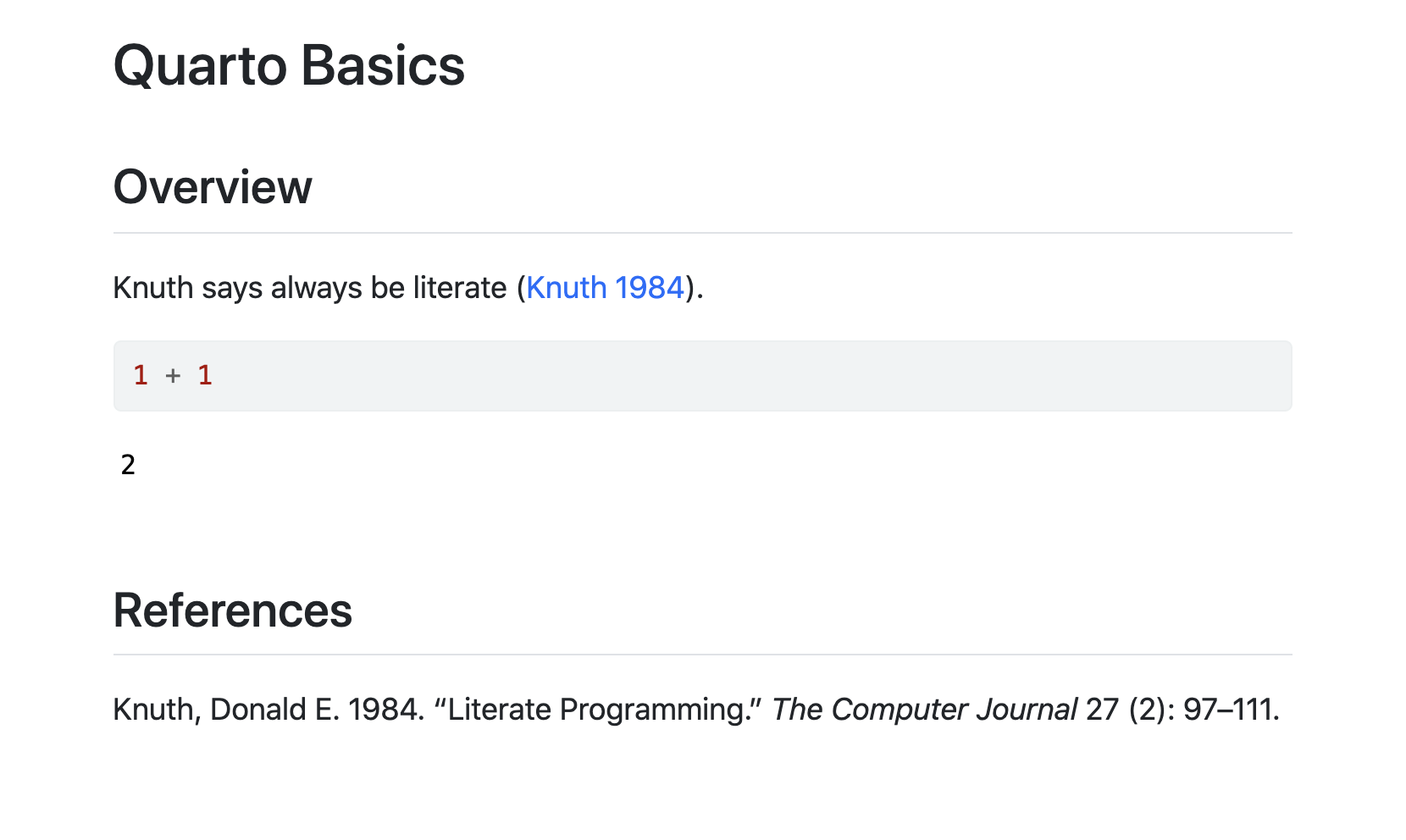 Rendered document with references section at the bottom the content of which reads 'Knuth, Donald E. 1984. Literate Programming. The Computer Journal 27 (2): 97-111.'