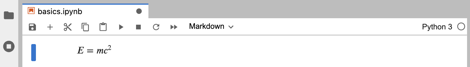 Rendered notebook with LaTeX equation shown for E equals mc squared.