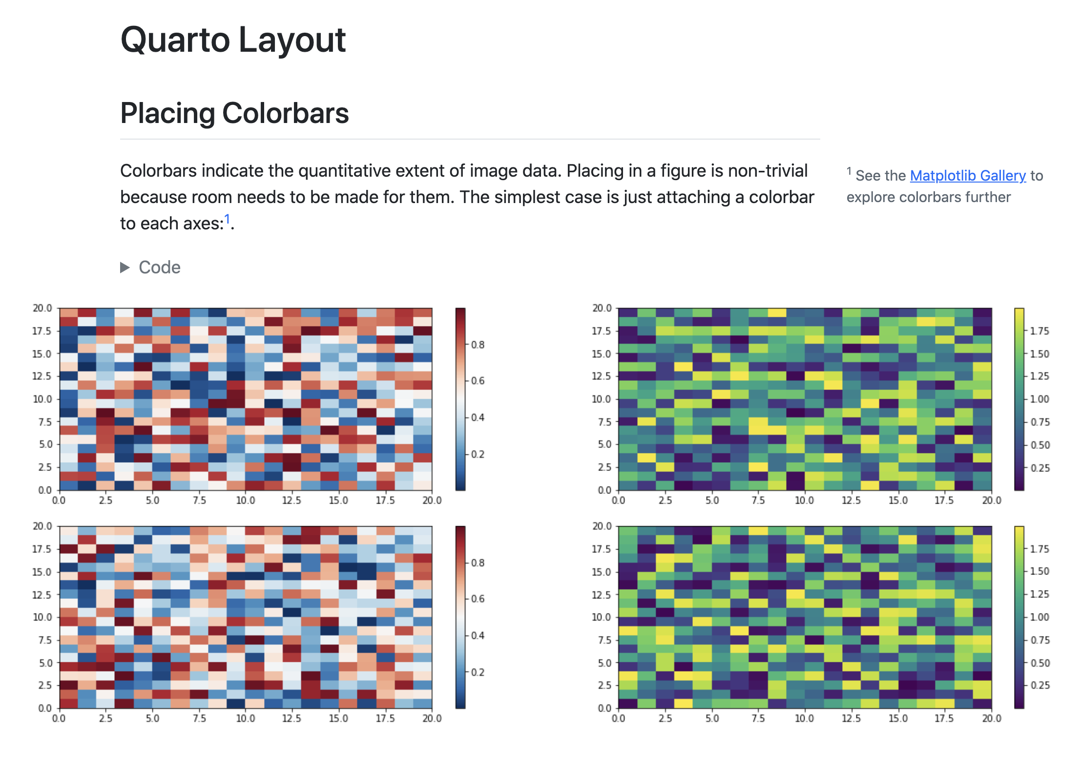 Document with Quarto Layout title at the top followed by Placing Colorbars header with text below it. Next to the text is a footnote in the page margin. Below the text is a toggleable code widget to hide/reveal the code followed by four plots displayed in two rows and two columns.