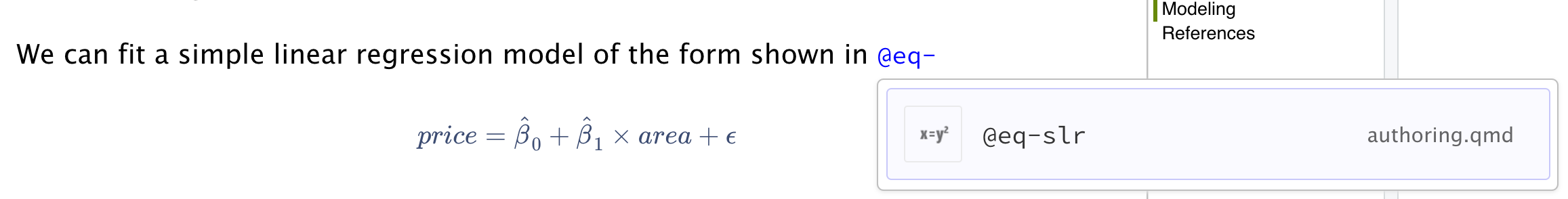 Cross reference an equation by starting to type out its label.