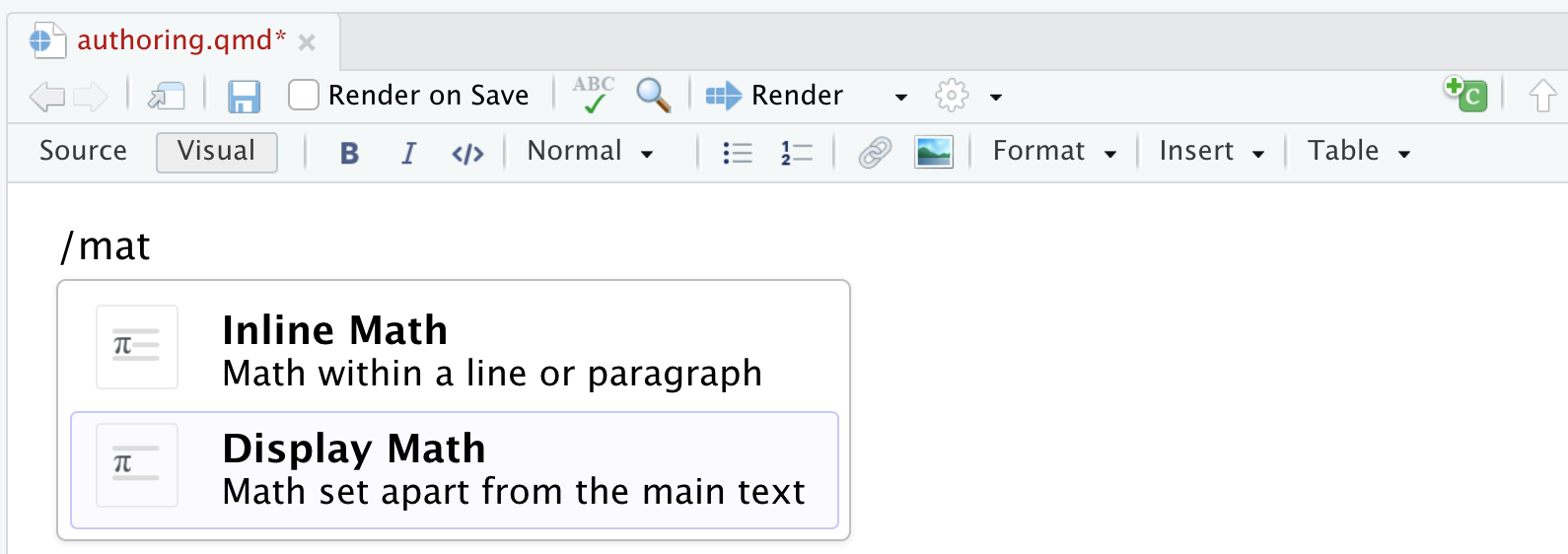 Insert anything tool in the RStudio visual editor being used to insert a display math.