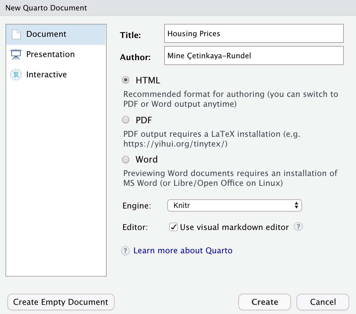 Pop up menu for creating a new document. The title field shows that we entered "Housing Prices" and the author field shows the name "Mine Çetinkaya-Rundel". HTML format is selected via the radio button. All else is left as default choices (e.g., Engine is Knitr and the Use visual markdown editor checkbox is checked).