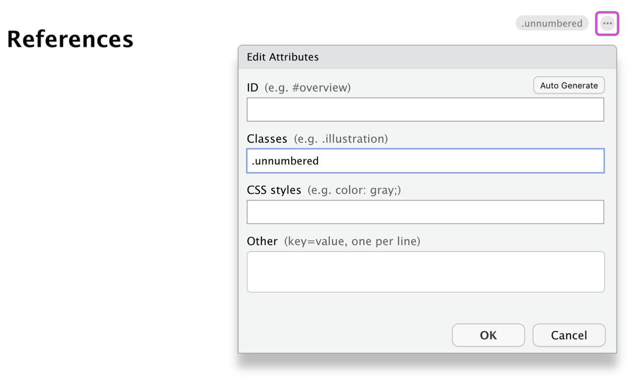 Edit Attributes window for the section title References. The image shows that this menu can be accessed by cliking on the three dots.