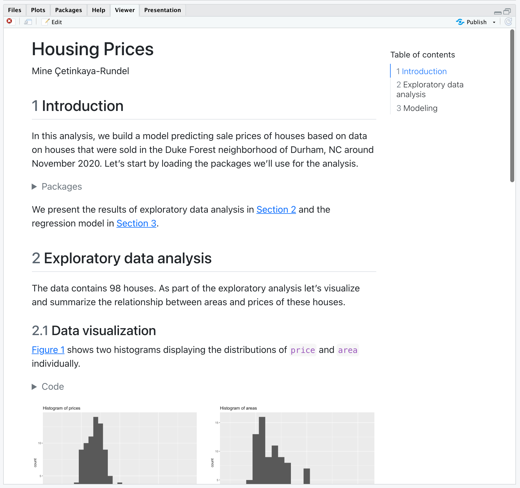 Rendered version of authoring.qmd as HTML with numbered sections and a table of contens on the top right. The table of contents shows three sections: Introduction, Exploratory data analysis (with subsections Data visualization and Summary statistics), and Modeling.