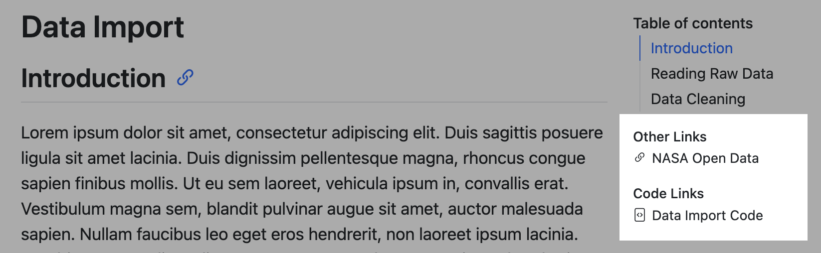 Screenshot of a HTML page shdwing the headers 'Other Links' and 'Code Links' below the Table of Contents on the right of the page. The 'Other Links' header is followed by a link with the text 'NASA Open Data', and the header 'Code Links' is followed by a link with the text 'Data Import Code'.