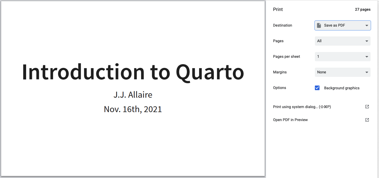 Screenshot of Chrome print dialog with the first slide/page of 27 shown on the left, and print options on the right. The Destination print option has Save as PDF selected.