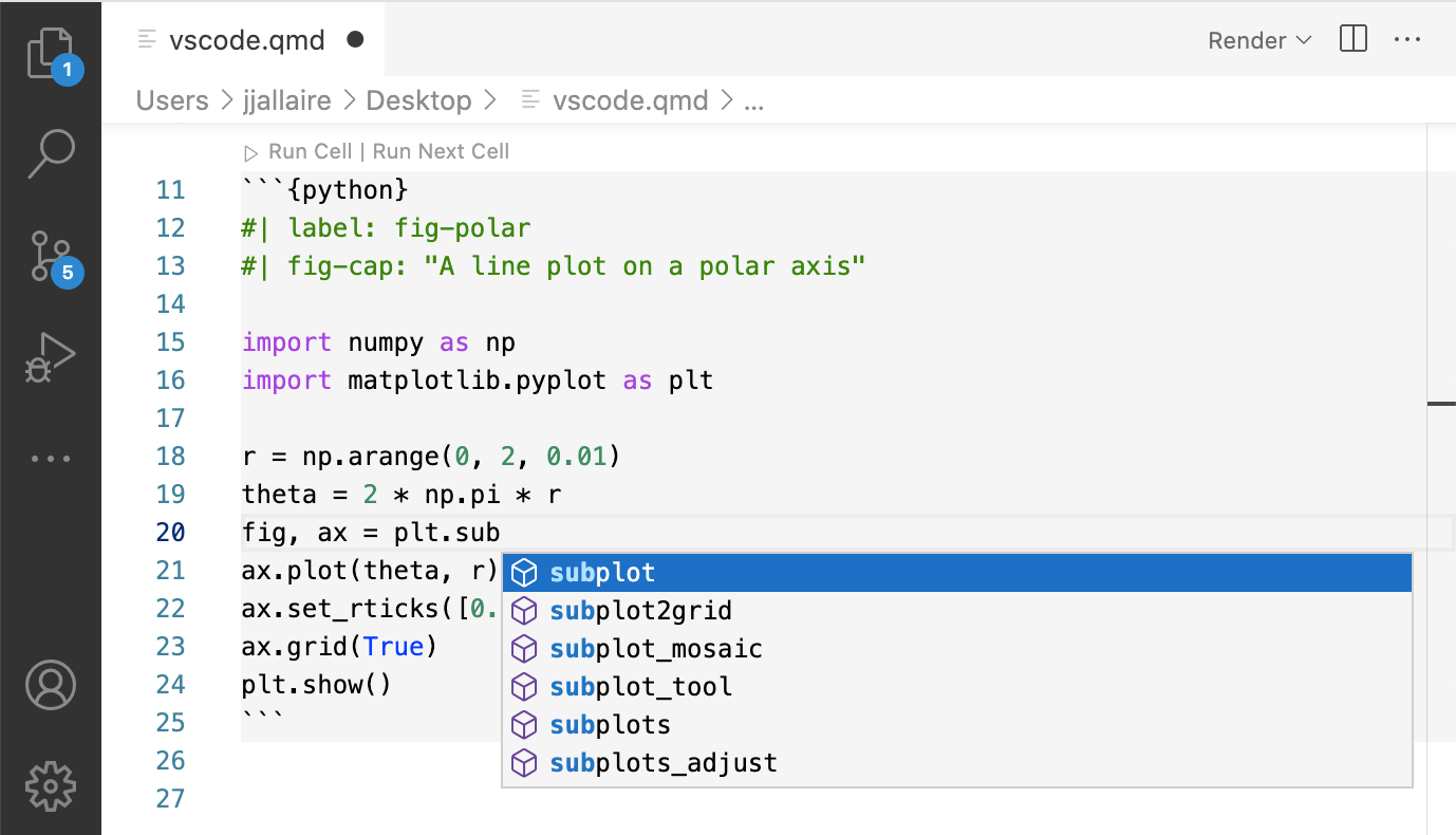 A Quarto document in VS Code with a python code cell. There is a code completion helper active in the python cell.